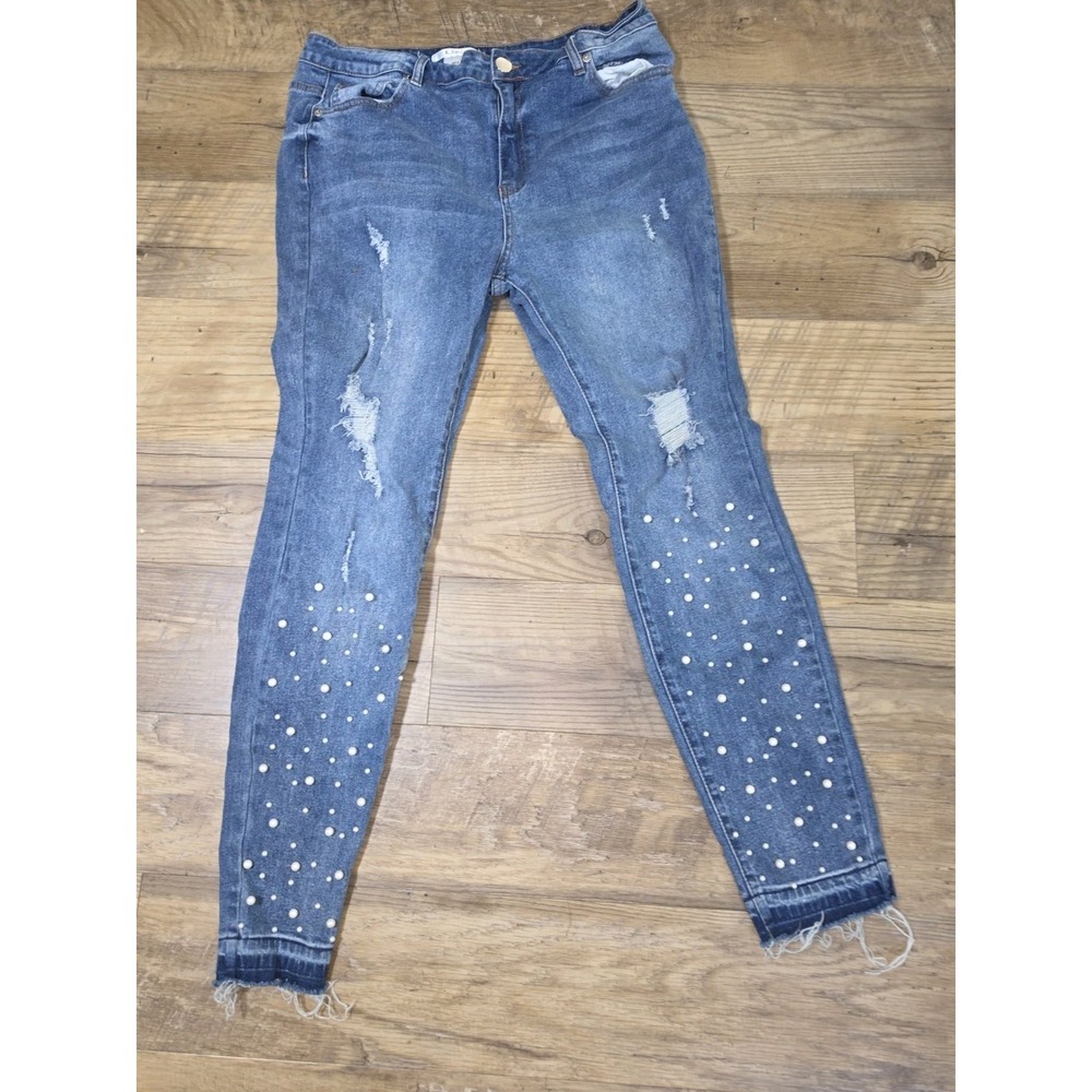 K. Jordan Women's Skinny Distressed Jeans Pearl Embellished Medium Wash 16x28"